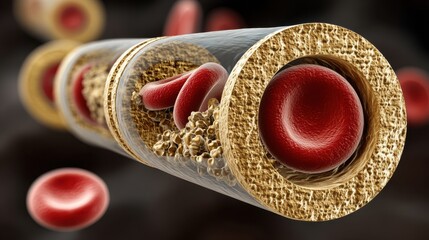 3D medical illustration of a partially transparent artery showing red blood cells and cholesterol plaque buildup, illustrating atherosclerosis and blood flow.
