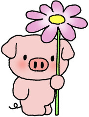 꽃을 든 귀여운 돼지 캐릭터 스티커 일러스트