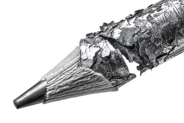 a sharpened pencil tip nearly snapping under heavy pressure, captured in intense close-up, the texture of graphite visibly crumbling yet holding strong, isolated on a pure