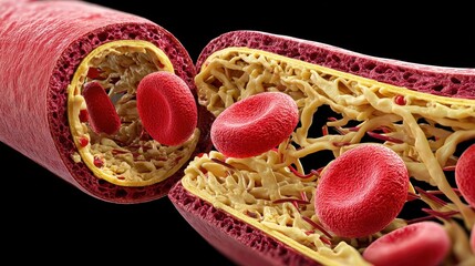 Detailed 3D illustration of a blood vessel cross-section featuring red blood cells and internal capillary-like structures within the vascular wall.
