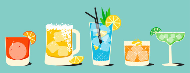 Collection of classical alcohol cocktails. Set of various summer fancy party drinks.