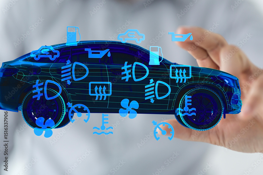 Poster stock photo of a digital car with illuminated warning lights and indicators. perfect for automotive 