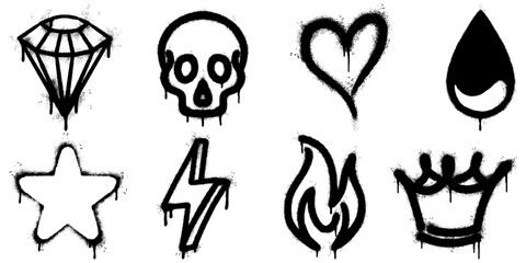 collection of black spray paint graffiti icons including lightning bolt, heart, crown, diamond, skull, star, drop, and flame.