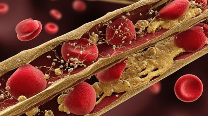 3D medical illustration showing red blood cells and cholesterol plaque buildup inside a narrowed artery, representing atherosclerosis and cardiovascular disease.
