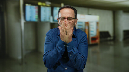 Hispanic man feeling cold in an indoor airport terminal, wearing a blue shirt and glasses, with...