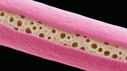 3D anatomical illustration of a human bone cross-section, showing porous spongy tissue inside and dense outer compact layer.
