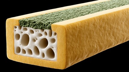 Detailed 3D illustration of a long bone cross-section showing compact bone, spongy bone structure, and green-colored bone marrow.
