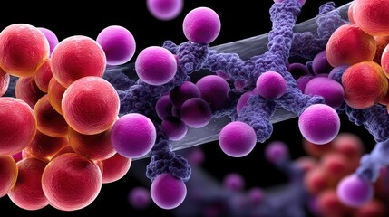 Scientific 3D illustration of bacteria forming colonies on a surface, showing cell structure and microbial interaction in high detail.
