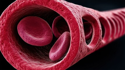High-resolution 3D rendering of an artery interior showing red blood cells flowing through a textured blood vessel wall in detail.
