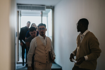 A multiracial group of business people walks through an office hallway, exuding teamwork and focus. Their diverse backgrounds underscore a modern, inclusive work environment.