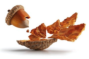 a shattered acorn dispersing woody fragments, crisp rugged textures sharply frozen against pure