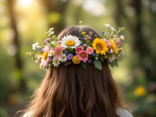 Naklejka premium Girl in a bright and colorful wildflowers flower crown