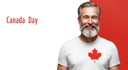 Elderly man smiling while wearing Canada Day t-shirt on red background  