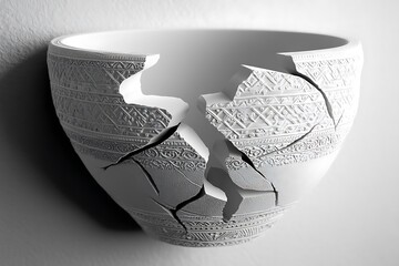a shattered ancient clay pot fragment, intricate carvings eroded by time, suspended in pure
