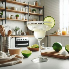 margarita cocktail on the table in the white kitchen with lime. Alcoholic drink.