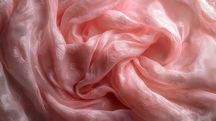 Ethereal peach silk fabric cascading with intricate paisley pattern details