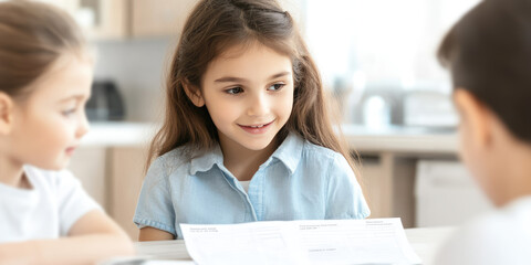 Obraz premium Three children are gathered around a table, looking at a paper together, while the girl in the center smiles. Education, teamwork, learning, childhood