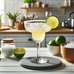 margarita cocktail on the table in the white kitchen with lime. Alcoholic drink.