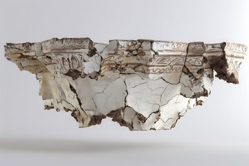a shattered ancient clay pot fragment, intricate carvings eroded by time, suspended in pure