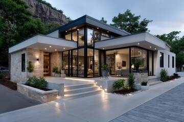 Obraz premium A striking contemporary house designed with glass and stone, blending seamlessly with the natural landscape, showcasing modern architecture and minimalism.