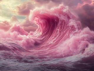 Dreamy Ocean: A Pink Wave Fantasy Under a Colorful Cloudscape Horizon