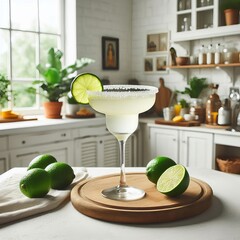 margarita cocktail on the table in the white kitchen with lime. Alcoholic drink.