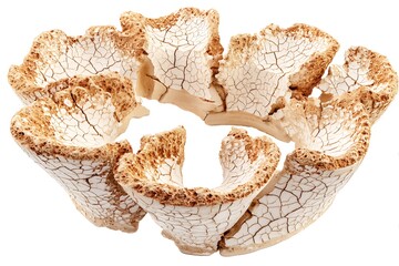 a shattered ancient clay pot fragment, intricate carvings eroded by time, suspended in pure