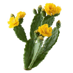 A vibrant yellow flower cactus with multiple blooms thriving against a white isolated background, showcasing the unique features of desert plants and their beauty.