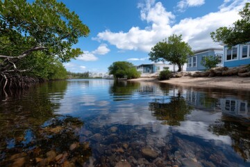 A serene landscape featuring calm waters reflecting clouds and vegetation, emphasizing the tranquility of nature and the beautiful ecosystem of mangroves by the shoreline.