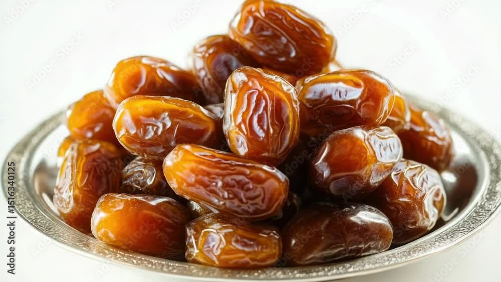 Poster A silver bowl filled with dates sits on a table, perfect for serving or displaying