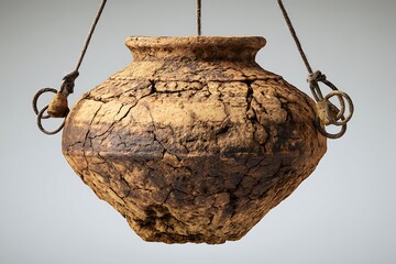 a shattered ancient clay pot fragment, intricate carvings eroded by time, suspended in pure