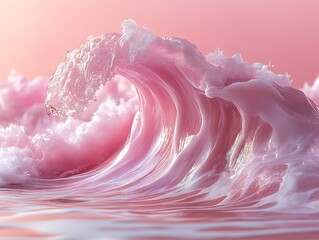 Aesthetic pastel pink ocean wave crashing with gentle foam against a serene sky