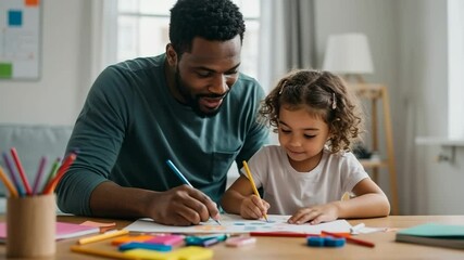 Father and daughter drawing together at a table in a bright room - Powered by Adobe