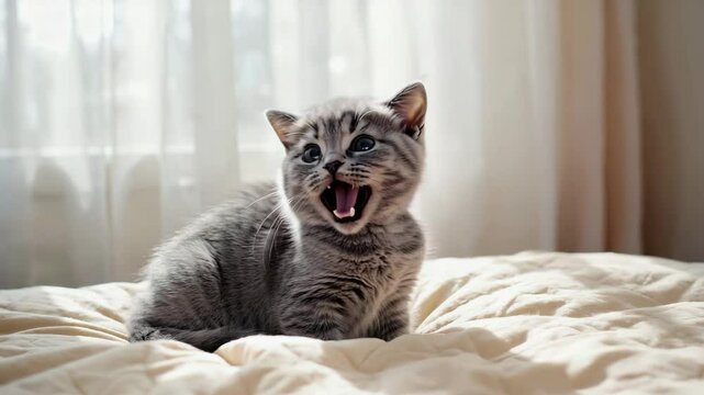 Small grey kitten meowing while sitting on a bed near a window  