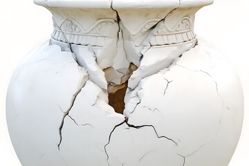 a shattered ancient clay pot fragment, intricate carvings eroded by time, suspended in pure