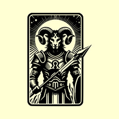 Obraz premium Aries Zodiac Ram Head Vector Illustration in Black and White Tarot Card Style with Fire Element Symbolism