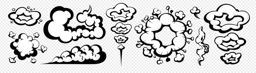 Cartoon comic cloud smoke puff with motion trail, isolated on transparent background. Vector explosion and vapor elements in comic style. Ideal for stickers, games, comics, and animation