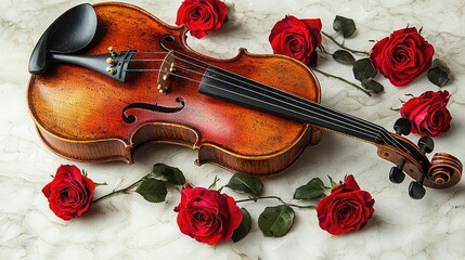 Fototapeta premium Violin and roses on a marble surface.