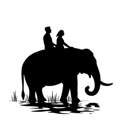 Obraz premium Silhouette of people on elephant ride through jungle river, wildlife adventure travel