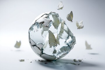 a shattered crystal sphere mid-air, delicate shards morphing into glowing butterflies taking flight, captured in a pristine