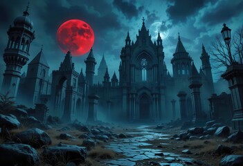 Dark castle under red moon with eerie atmosphere and foggy landscape at night