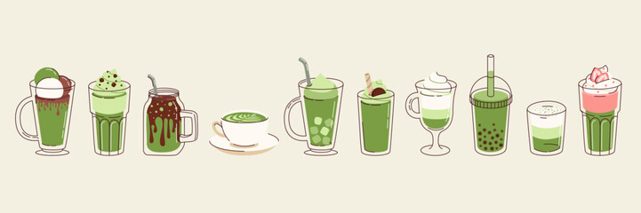 Set illustrations matcha drinks. Cold and hot beverages. Coffee, green tea, smoothie, cocktail in flat style