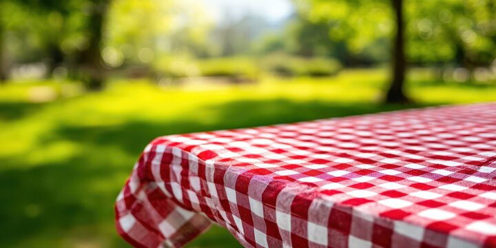 checkered picknic table in garden with blurred background