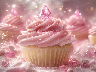 Whimsical pink cupcakes with crystal toppers evoking a magical dessert dream
