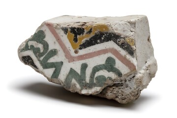 a shattered mosaic tile fragment, colorful ancient patterns crumbling apart, suspended crisply against pure