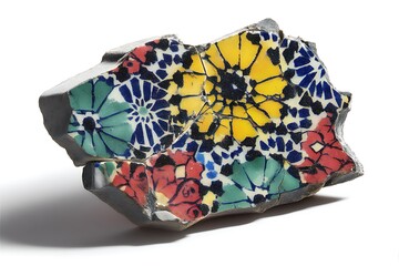 a shattered mosaic tile fragment, colorful ancient patterns crumbling apart, suspended crisply against pure
