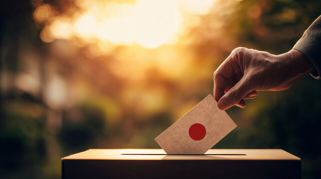 高齢者が日本国旗の印がある投票用紙を投票箱に入れる夕方のシーン：日本の未来を選択するイメージ（選挙・政治・国民の権利・シニア）