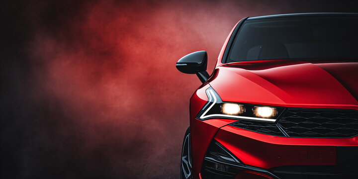 Red car on a dark smoky background with copy space. Modern automobile concept for transportation theme and automotive dealership.