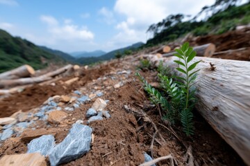 Fototapeta premium This image captures a small green plant, symbolizing new life, emerging from the earth amidst cut trees, highlighting the need for conservation and environmental balance.