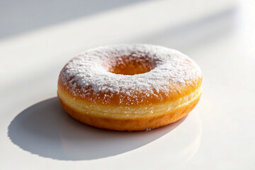 Single delicious powdered sugar donut on white background